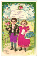 Stoff-Präge-AK Valentinsgrüsse, Ein Kleines Pärchen überbringt Blumen Und Einen Brief  - Sonstige & Ohne Zuordnung
