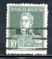 ARGENTINA 1923 1931 OFFICIAL DEPARTMENT STAMP OVERPRINTED M.R.C. MINISTRY OF FOREIGN AFFAIRS RELIGION MRC 10c USED USADO - Servizio