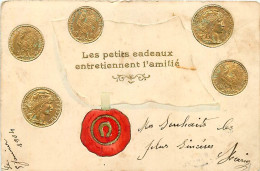 Carte Fantaisie  Gaufrée , Pieces De Monnaies , * 494 04 - Monnaies (représentations)