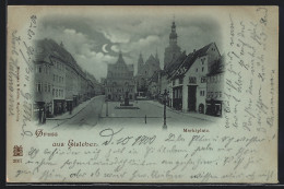 Mondschein-AK Eisleben, Marktplatz Mit Denkmal Und Turmblick  - Lutherstadt Eisleben