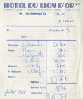 Souvenirs D'un Repas à L'Hôtel Du Lion D'Or à Champlitte (facture + Carte Dépliante) Juillet 1969 - Dépliants Touristiques