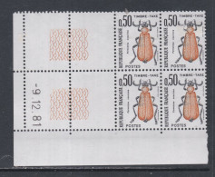 France Timbres-Taxe N° 105 XX Insectes : 50 C. Coléoptère, En Bloc De 4 Coin Daté Du 9 . 12 . 81 ; Sans Trait, Ss Ch. TB - Impuestos