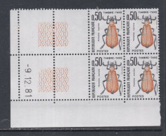 France Timbres-Taxe N° 105 XX Insectes : 50 C. Coléoptère, En Bloc De 4 Coin Daté Du 9 . 12 . 81 ; Sans Trait, Ss Ch. TB - Postage Due