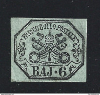 1852 Stato Pontificio, 6 Baj Grigio-verdastro N° 7 Firma Bolaffi MLH* - Stato Pontificio