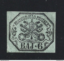 1852 Stato Pontificio, 6 Baj Grigio-verdastro N° 7 Firma Bolaffi MLH* - Papal States