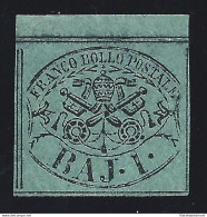 1852 Stato Pontificio, 1 Baj Verde Grigiastro N° 2 Firma Bolaffi MNH/** BORDO D - Papal States