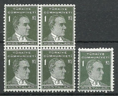 Turkey; 1933 2nd Ataturk Issue Stamp 1 K. "Color Tone Variety" (Block Of 4) - Ongebruikt