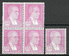 Turkey; 1933 2nd Ataturk Issue Stamp 30 K. "Color Tone Variety" (Block Of 4) - Ungebraucht