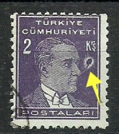 Turkey; 1933 2nd Ataturk Issue Stamp 2 K. "Printing Stain" - Used Stamps