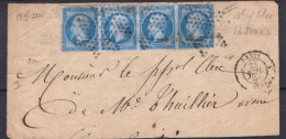 FRANCE BANDE DE 4 N°14Bb BLEU SUR LILAS AVEC ETOILE MUETTE DE PARIS SUR FRAGMENT SIGNÉ CALVES - 1853-1860 Napoléon III.