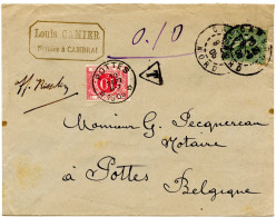 BELGIQUE - COB TAXE 5 SIMPLE CERCLE RELAIS POTTES SUR LETTRE DE CAMBRAI INSUFFISAMENT AFFRANCHIE, 1905 - Covers & Documents