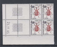 France Timbres-Taxe N° 108 XX Insectes : 4 F. Apoderus, En Bloc De 4 Coin Daté Du 25 . 11 . 85 ; Sans Trait, Ss Ch. TB - Portomarken