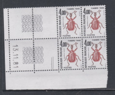 France Timbres-Taxe N° 108 XX Insectes : 4 F. Apoderus, En Bloc De 4 Coin Daté Du 13 . 11 . 81 ; 2 Traits, Ss Ch. TB - Segnatasse