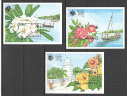 B0520 1990 Maldives Flowers Ships Flora Nature Plants Expo 90 3Bl Mnh - Otros & Sin Clasificación