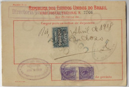 Brazil 1918 Money Order Sent To Bahia Vale Postal Stamp 100$000 100,000 Réis + 2 Definitive 500 Réis - Brieven En Documenten