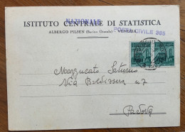 R.S.I. - Coppia 25 C. MONUMENTI DISTRUTTI Su Cartolina 9/3/45  IST.NAZIONALE STATISTICA - POSTA CIVILE 385 Per PADOVA - Marcofilía