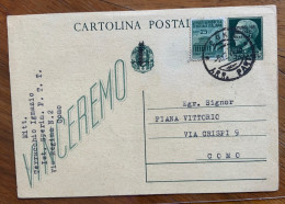 REPUBBLICA SOCIALE - CARTOLINA POSTALE VINCEREMO 15 C. Con Fascetto + 25 C. Da COMO 5/12/44 PER COMO - Stamped Stationery