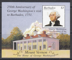 2001 Barbados George Washington Mount Vernon USA Souvenir Sheet  MNH - Barbados (1966-...)