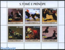 Sao Tome/Principe 2003 Fighting Roosters 6v M/s, Mint NH, Nature - Birds - Poultry - Sao Tome And Principe