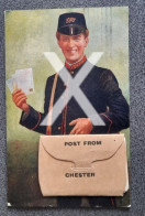 POST FROM CHESTER OLD COLOUR POSTCARD NOVELTY PULL OUT VIEWS POSTMAN HOLDING POSTCARDS CHESHIRE - Chester