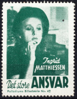 DANEMARK / DENMARK - 1944 Film Poster Stamp "Palladiums Billedserie Nr.42" DET STORE ANSVAR / Ingrid Matthiessen - Kino