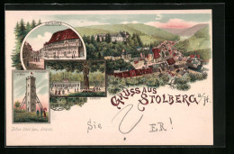 Lithographie Stolberg A. H., Rathhaus Und -keller, Hunrod, Gesamtansicht Aus Der Vogelschau  - Stolberg (Harz)