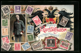AK Sechzigjähriges Regierungs-Jubiläum Sr. Majestät Kaiser Franz-Joseph I., 1848-1908, Briefmarken Und Wappen  - Königshäuser