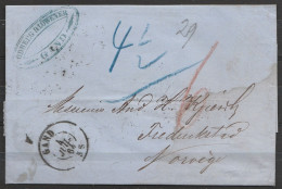 L. Datée 4 Juillet 1864 De GENT Pour FREDRICKSTAD (Norvège) Càd GAND /4 JUIL 1864 - Port 4 1/2 (au Dos: Càd Passage LUEB - 1830-1849 (Unabhängiges Belgien)