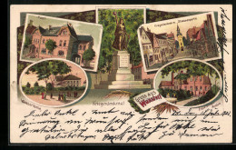 Lithographie Wunstorf, Präparanden-Anstalt, Kriegerdenkmal, Strassenpartie Mit Kirche  - Wunstorf