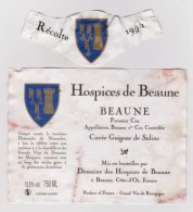 Etiquette Et Collerette HOSPICES DE BEAUNE " BEAUNE 1er Cru- Cuvée Guigone De Salins 1991 " (2916)_ev477 - Bourgogne