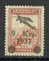Turkey; 1937 Surcharged Airmail Stamp (2nd Issue) 9 K. ERROR "Black Overprint Instead Of Brown" - Ungebraucht