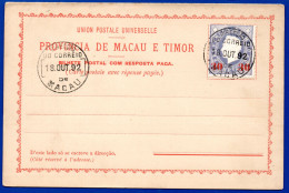 2873. CHINA,PORTUGAL,MACAO,POST CARD WITH REPLY WITH 1892 SC.45 - Storia Postale