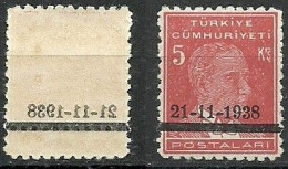 Turkey; 1938 Ataturk Mourning 5 K. ERROR "Offset Overprint On Back" - Ongebruikt