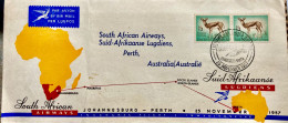 SOUTH AFRICA TO AUSTRALIA 1957, FIRST FLIGHT VIA MAURITIUS, COOK ISLAND, JOHANNESBURG TO PERTH CITY, MAP OF AFRICA, ANIM - Lettres & Documents
