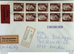 DDR: R-Eil-Brief -eigenh/Rücks- Mit 70 Pf Ulbricht Im 10-er Block, Portogenau  Aus Schwerin (883) 14.9.90 Knr: 938(10) - Etiquetas De Certificado