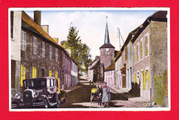 F-23-La Courtine-05PJY2 La Rue De L'église, Charrette Avec âne, Voir La Très Vieille Voiture, Cpa Colorisée - La Courtine