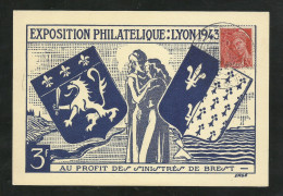 CP Illustrée Lyon Exposition Philatélique Au Profit Des Sinistrés DeBrest 22 Au 30 Mai 1943 Le N°515 Seul +cachets B/TB - Temporary Postmarks