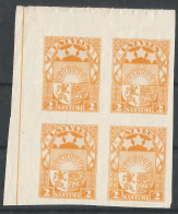 Latvia 1923 2 Sant. Block Of 4 Mint Stamps No Gum Imperf. - Lettonia