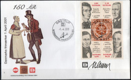 Martin Mörck. Denmark 2001. 150th Anniv Danish Stamps. Michel 1273-76, 4-block. Cover With Special Cancel.  Signed. - Cartas & Documentos