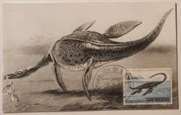 REPTILE MARIN - ANIMAL PREHISTORIQUE - MACROPLATA / Pliosaure - Carte Philatélique San Marin - Pescados Y Crustáceos