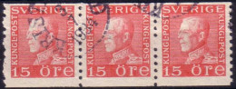 Sweden - Facit #177A Gustav V Profil Vänster, 15 öre Red *3-strip* - Usados