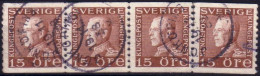 Sweden - Facit #178A Gustav V Profil Vänster, 15 öre Brown *4-strip* - Usados