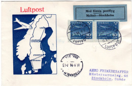 Schweden 1944, 2x10 öre On 1st. Flight Cover From Malmö To Stockholm - Storia Postale