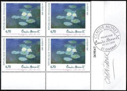 FRANCE YT3247 CLAUDE MONNET - BLOC DE 4 TIMBRES AVEC OBLITÉRATION PJ 27 GIVERNY DANS LA MARGE - Ungebraucht