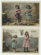 Lot De 2 Cartes Fantaisie Enfants - Petites Pêcheuses Avec Poisson  - 1er Avril - 1er Avril - Poisson D'avril