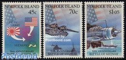 Norfolk Island 1992 Midway Battle 3v, Mint NH, History - Transport - Various - World War II - Aircraft & Aviation - Maps - Seconda Guerra Mondiale
