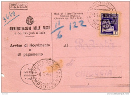 1945 RICEVUTA DI RITORNO CON ANNULLO CHIOGGIA VENEZIA + NOVENTA PADOVANA - Marcofilía