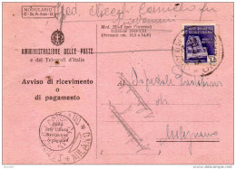1945 RICEVUTA DI RITORNO  CON ANNULLO S. ANGELO LODIGIANO MILANO - Marcofilie