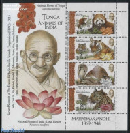 Tonga 2016 Animals Of India S/s, Mint NH, History - Nature - Gandhi - Animals (others & Mixed) - Cat Family - Flowers .. - Mahatma Gandhi
