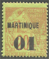 381 Martinique 1888 Colonies Françaises Surchargé 01 Sur 20c Brique Vert MH * Neuf (f3-MAR-11a) - Sonstige & Ohne Zuordnung